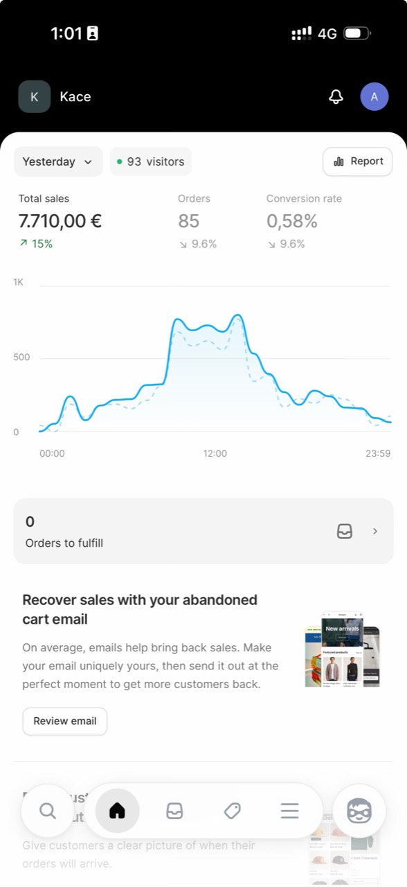 Fictional commerce dashboard example with sample sales, orders, visitors, and a sales graph. These are simulated figures, not earnings.